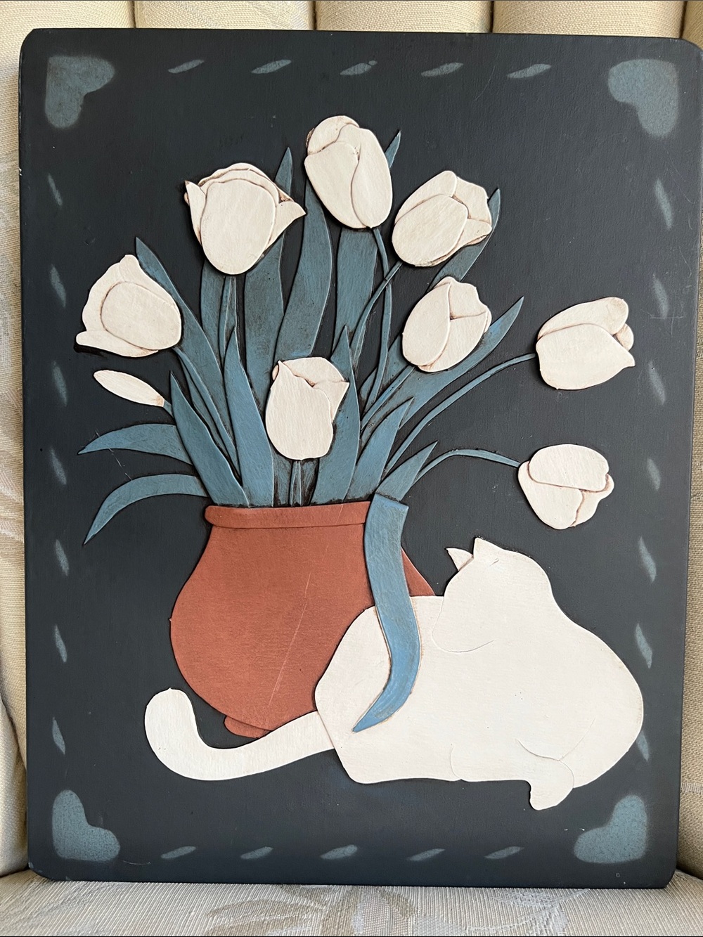 Handcrafted Tulip & Cat Wall Art - Cream Tulips on Black